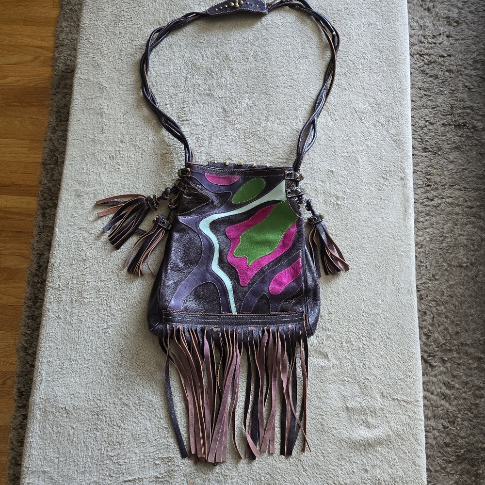 Emanuel Ungaro Paris Leather Fringe Crossbody Bag Boho Hippie Festival Purse
